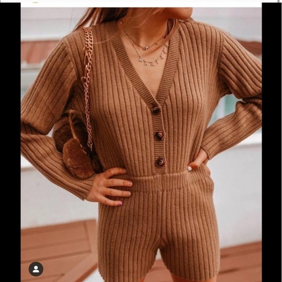 Zara Pants - ZARA Short Knit Jumpsuit Large Taupe Brown Ribbed
